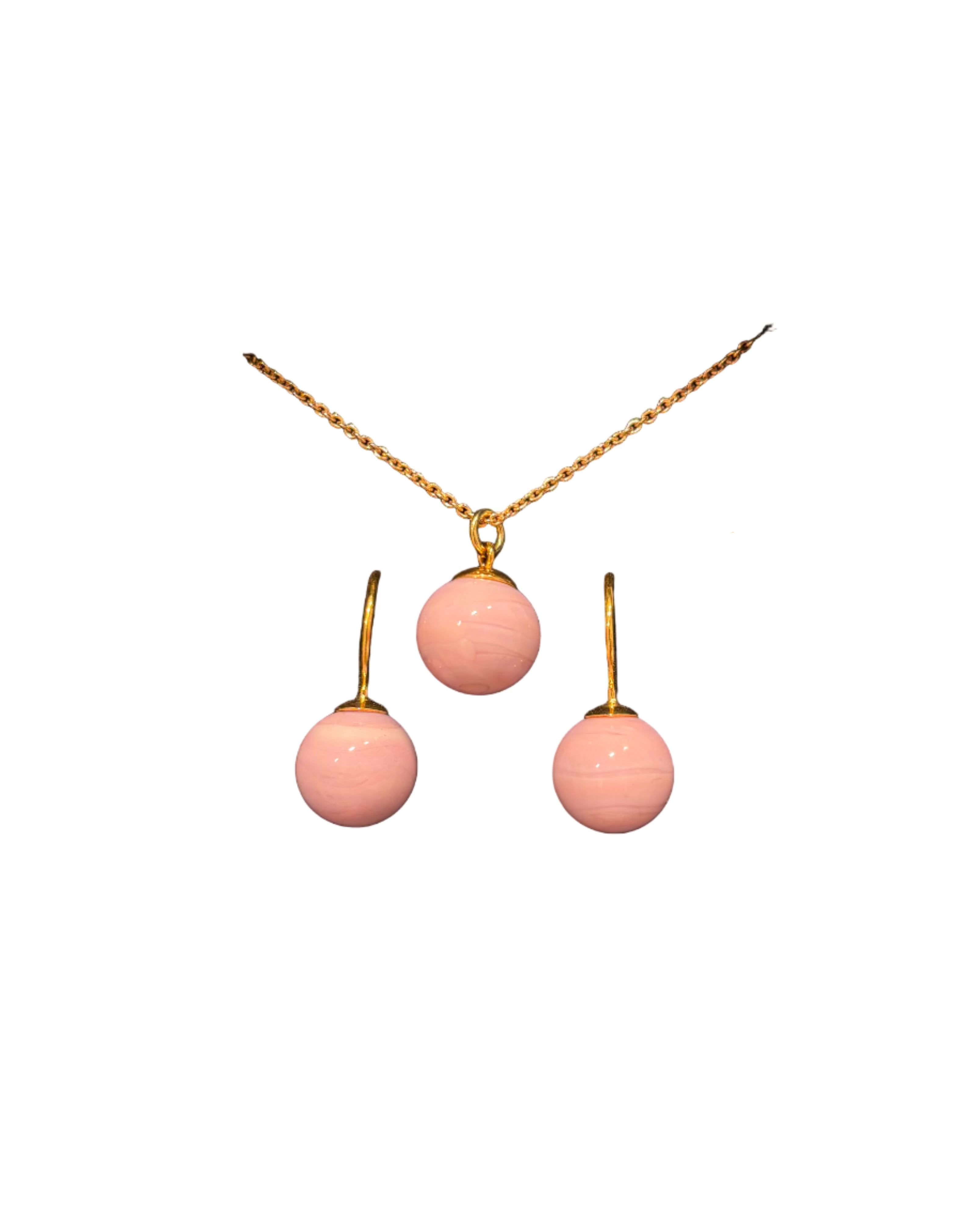 Halskæde og ørehængere i lyserødt glas